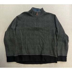 LANDS' END Bedford Rib Sweater Men's Size Large Gray Plaid Quarter Zip Pullover